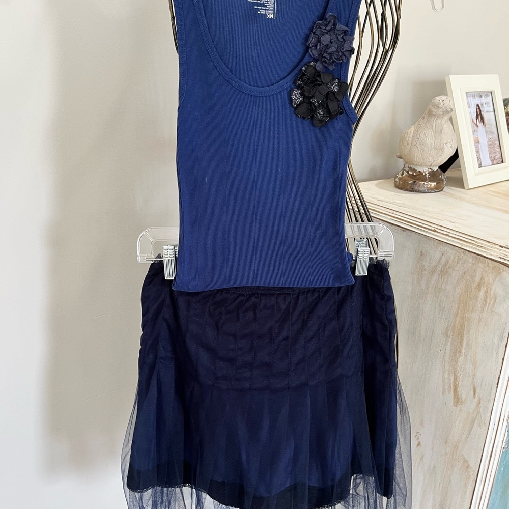 Skirt set-embellished tank; silky lace trimmed skirt with tulle…navy blue